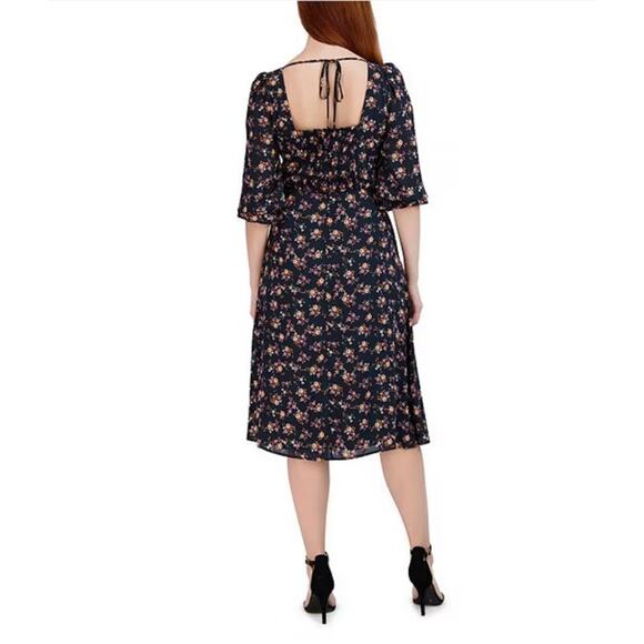 Julia Jordan Square Neck Floral A-Line Midi Dress Dark Teal Pockets Sz 10 - Picture 2 of 11